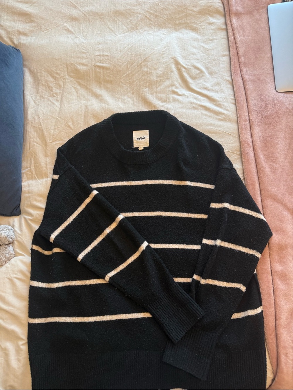 Aerie Black Crewneck Sweater with Cream Stripes
